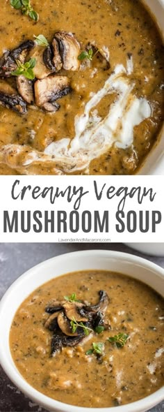 creamy vegan mushroom soup in a white bowl