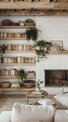 a living room filled with lots of furniture and bookshelves next to a fire place