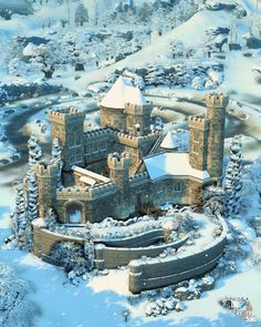 an aerial view of a castle in the snow