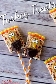 three turkey treats on sticks with candy eyes