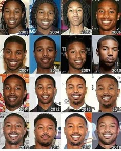 many different pictures of the same man with different hair styles and facial expressions on his face