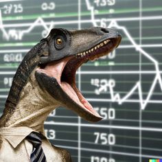 a dinosaur with its mouth open in front of a stock chart