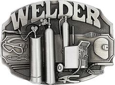 welder belt buckle with various items on the front and back, all in silver