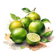 limes with leaves and watercolor splashes on white background