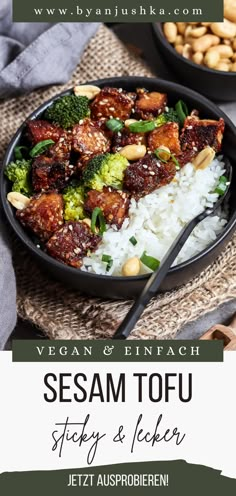 vegan & entrach sesame tofu with white rice and broccoli