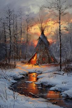 a painting of a teepee in the snow with water running through it and trees