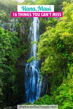 a waterfall surrounded by trees and greenery with text overlay that reads, hanaa mau 16 things you can't miss