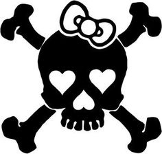 a skull and crossbones with a bow in the shape of a heart on it