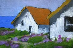 a painting of two white houses with purple flowers in the foreground and a blue sky behind them