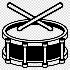 a drum with two crossed drumsticks on it, black and white clipart