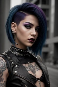 Asymmetrical Aline Bob, Purple Green Hair Short, Punk Layered Hair, Woman Shaved Hairstyles, Female Punk Hairstyles, Undercut Medium Length Hair, Short Grunge Hair Pixie Cuts, Black Goth Hair, Punk Hairstyles Women