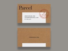 two business cards with the word parcel on them and a stamp that reads, ` person '