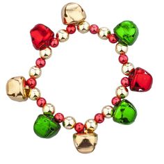 a red, green and gold beaded bracelet with bells on it's side