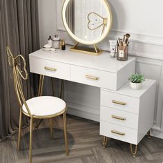 a white desk with a gold mirror on it and a chair in front of it