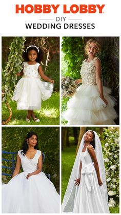 wedding dresses for girls in different styles and colors, with the words hobby lobby written on them