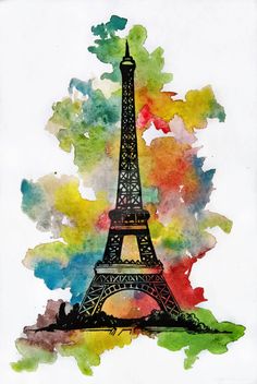 the eiffel tower is painted in watercolor