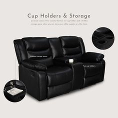 the black leather reclining loveseat with cup holders and storage