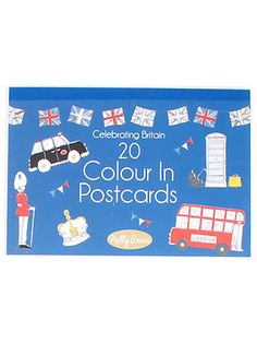 the children's postcard book features pictures of british flags, cars and people