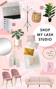 the shop my flash studio with pink and white furniture, accessories, and decor items