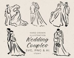 hand drawn wedding couple clipart set with bride and groom in gowns, tuxedos, veils