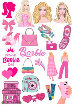 barbie dolls and accessories are arranged on a white background with the words barbie written in pink