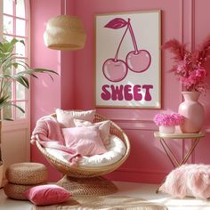 a room with pink walls and furniture in the corner, including a wicker chair