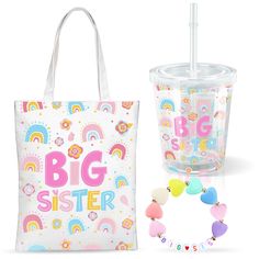 a big sister tote bag, bracelet and cup