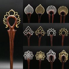 Discover our fabulous hair sticks, handmade from dark brown-reddish wood! Each stick is unique, artfully decorated with a brass tip. Choose from 7 unique designs, available in silver or gold. The length of approx. 18-20 cm allows for versatile hairstyles. The rod is about 1 cm thick at the head part and about 3 mm thick at the bottom. Enjoy the handcrafted quality and give your hairstyle the perfect accent with these stylish accessories! Gold Hair Stick, Wooden Hair Chopsticks, Wooden Hair Sticks Handmade, Chain Hair Stick, Hair Sticks Metal, Wood Lathe Hair Sticks, Resin Wood Hair Stick, Stick Design, Fabulous Hair