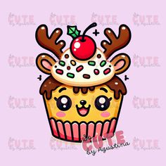 a cupcake with a cherry on top and reindeer antlers around it's head