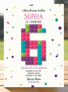 a birthday party card with the letter e in lego blocks and confetti sprinkles