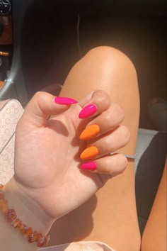 Bright Multicolor Nails, One Hand Pink Other Hand Orange Nails, Cute Summer Nails Pink And Orange, Pastel Orange Nails Almond, Pink And Orange Acrylics, Summer Nails Hot Pink And Orange, Orange Summer Nails Almond, Summer Pink And Orange Nails, Pink And Orange Nails Almond