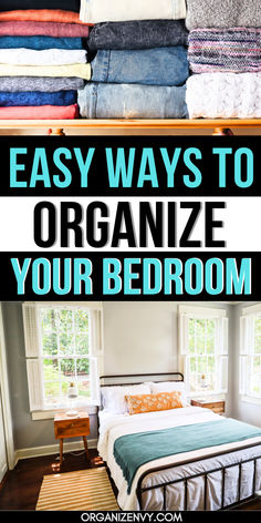 Photos of a small bedroom and a neatly organized dresser drawer. Storing Bedding Organizing Ideas, How To Tidy Your Bedroom Step By Step, Organizing Dresser Drawers, Tidy Bedroom Tips, Cleaning Hacks Bedroom Organizing, Diy Bedroom Organization Ideas, Tips To Declutter Bedroom, Organizing Bedrooms