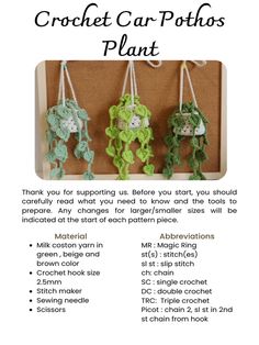 the crochet car pothos plant is shown in three different colors and sizes