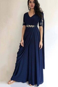 Navy Blue Long Georgette Gown With Embroided Sleeves and Belt | Etsy Canada Drape Dupatta, Dupatta Dress, Party Wear Gowns, Function Dresses, Georgette Gown, Gown Party Wear, Long Gown Design, Simple Gowns, Long Gown Dress