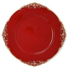 a red plate with gold trimmings on the edge and bottom, sitting on a white surface