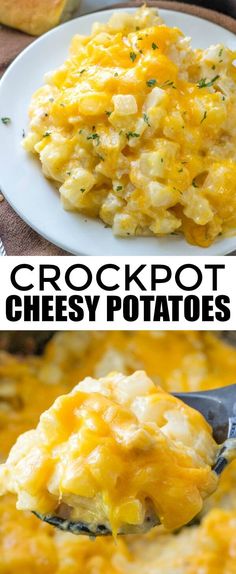 crockpot cheesy potatoes on a white plate with a spoon in it