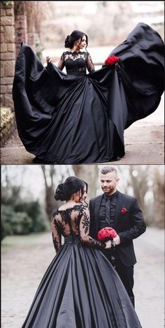 two pictures of a man and woman dressed in black gowns, one with red roses