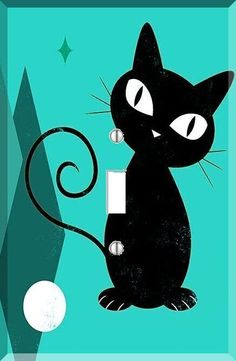 a black cat sitting on top of a light switch cover in front of a blue background