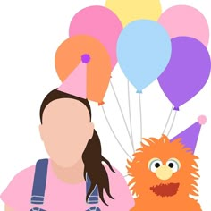 a woman holding balloons and a monkey with a party hat