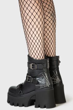 CRYPT CREEPS.- Statement chunky platform boot.- Buckle details.- Spider web embroidery.- Rear zip.With KILLSTAR branding, 100% Polyurethane.Wipe clean with a damp cloth only. Imported. Goth Boot Storage, Trendy Boots For Women Goth, Kill Star Boots, Cobweb Shoe, Pentagram Boots, Spider Web Embroidery, Shoe Reference, Web Embroidery, Emo Shoes