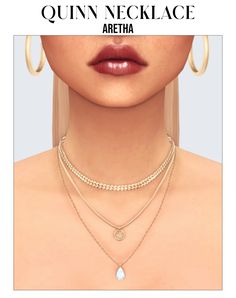 an image of a woman wearing three necklaces and one with a tear on it