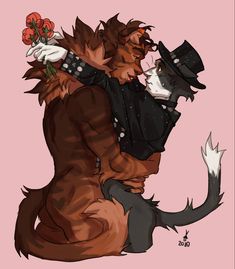 two cats are hugging each other while one is wearing a top hat and holding flowers