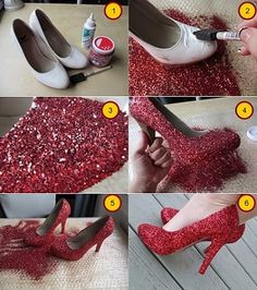 the steps to make glitter shoes look like they have been made with red liquid on them