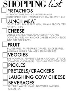 the grocery list is shown in black and white, with words describing what to buy