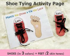 the shoe tying activity page includes shoes in 3 colors and 2 skin tones for each child