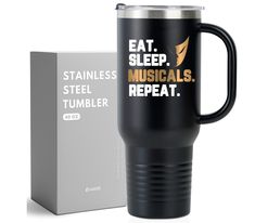 the stainless steel tumbler is next to an empty box and it says eat sleep, musicians