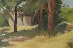 an oil painting of trees and dirt road