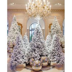 christmas trees in the middle of a room with chandelier