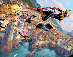 an image of some cartoon characters flying in the air over a cityscape and water