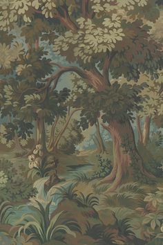 an image of a painting with trees in the background and water running through it,